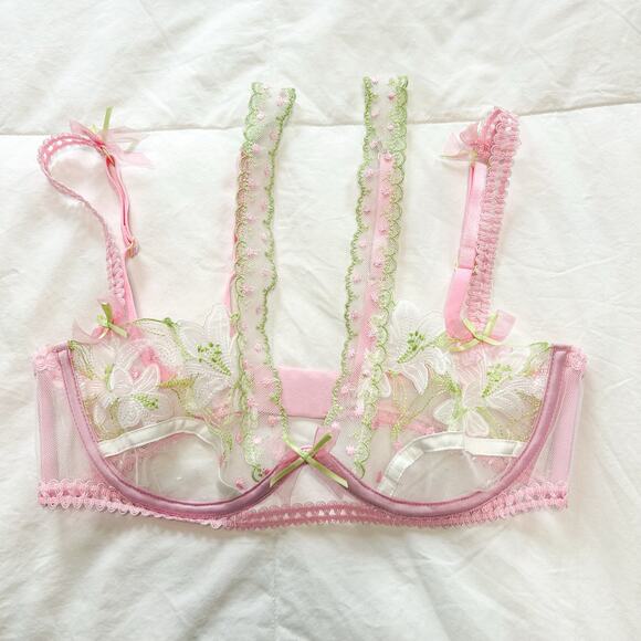 NWOT For Love & Lemons Waterlilies Floral Embroidered Sheer Bra Pink Green XS - Picture 2 of 8